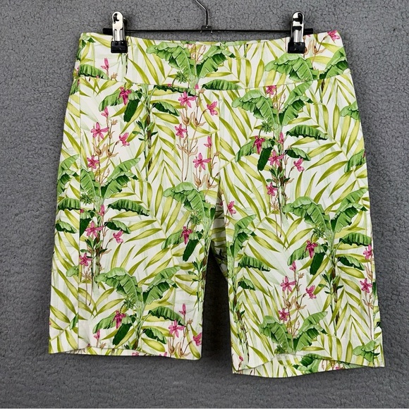 J. McLaughlin Shorts Masie Womens 4 White Floral Palm Trees Hawaiian Bermuda - Picture 1 of 8
